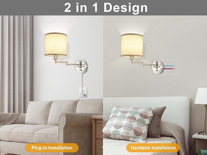 Plug in Wall Sconces with Remote Control, Dimming & Adjustable Colors 2700K-6500K, Hardwire or Plug-in, Swing Arm Wall Lamp with Linen Fabric Shade, Wall Sconces Set of Two, Brushed Nickel Finish