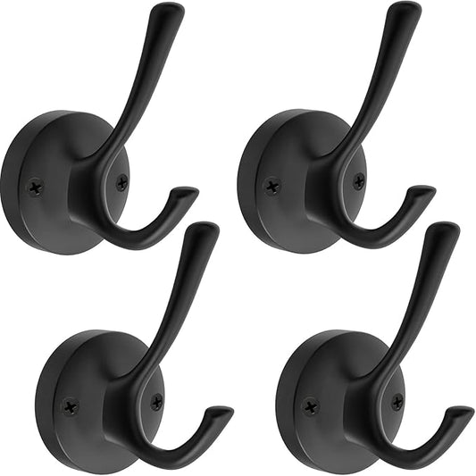 Matte Black Wall Hooks, 4 Pack Heavy Duty Coat Towel Hook Metal Double Backpack Hook Wall Mounted, Bath Towel Hooks for Entryway Cubicle Bathroom Closet Garage