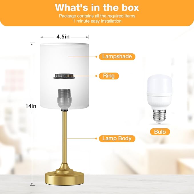 Gold Nightstand Bedroom Lamp - 3 Way Dimmable Bedside Lamp, Small Table Lamp Linen Lampshade for Office Desk, LED Bulb Included