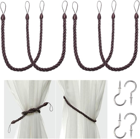 BEL AVENIR Curtain Rope Tiebacks, Drapery Rope Holdbacks with 4 Metal Screw Hooks (Purple, 4pack)