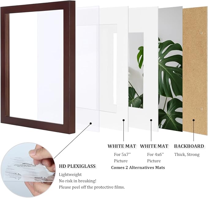 Egofine 8x10 Picture Frames Made of Solid Wood with Plexiglass, Display Pictures 4x6/5x7 with Mat or 8x10 Without Mat Set of 4 for Tabletop and Wall Mounting, Walnut Color