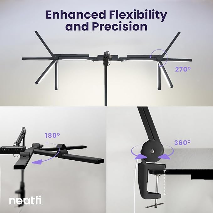(New Model) Neatfi 3,000 Lumens LED Desk Lamp, Dimmable Light with 360 SMD LEDs, 30W, CRI 95, Adjustable Color Temperature, Task Lamp for Home, Office, and Workbench (CCT with Clamp, Black, 44 Inches)