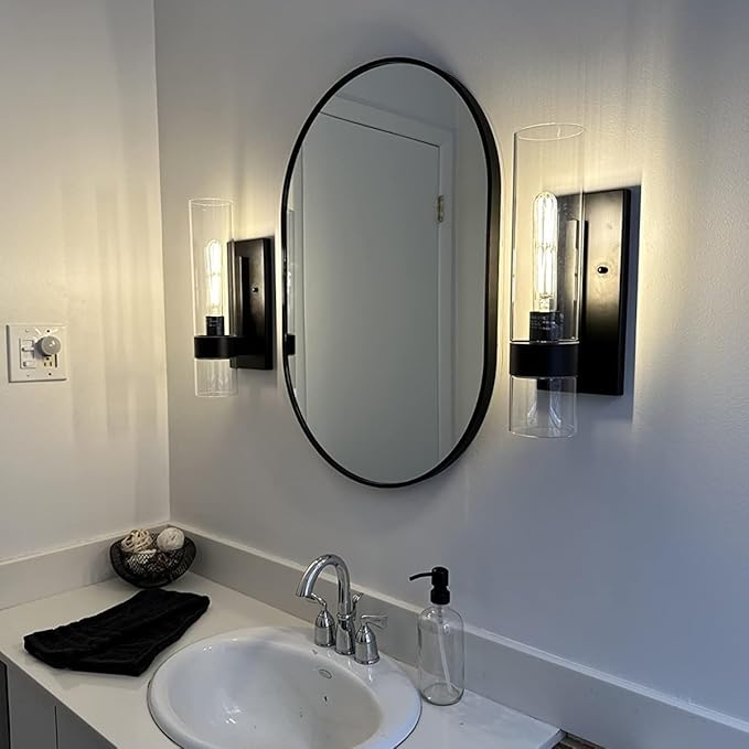 Indoor Wall Sconces Set of Two, Modern Black Bathroom Sconces Wall Decor with Cylinder Glass, Wall Lamps for Bedroom Hallway Vanity Kitchen Lighting Fixtures Set of 2