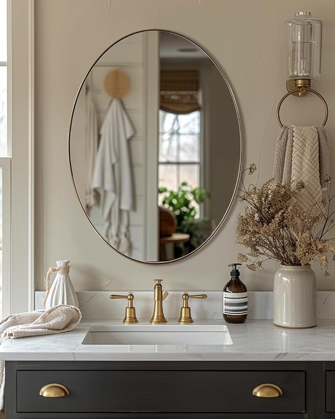 ANDY STAR Gold Oval Mirrors for Bathroom, 22x30 Inch Brushed Gold Stainless Steel Metal Framed Oval Wall Mirror, Modern Vanity Mirror Wall Mount Horizontal or Vertical