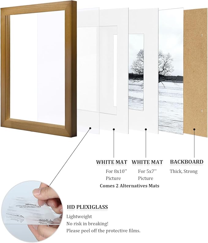 Egofine 11x14 Picture Frames 4 Pack Display Pictures 5x7/8x10 with Mat or 11x14 Without Mat Made of Solid Wood Covered by Plexiglass for Table Top Display and Wall Mounting Photo Frame, Light Brown