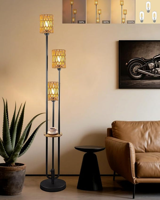 Lightdot Dimmable Boho Floor Lamps for Living Room, 3-Lights Rattan Floor Lamp with Shelves, 3000K Warmwhite Candle Holder Style Farmhouse Floor Lamp, Rustic Black Standing Lamp with Bulbs Included