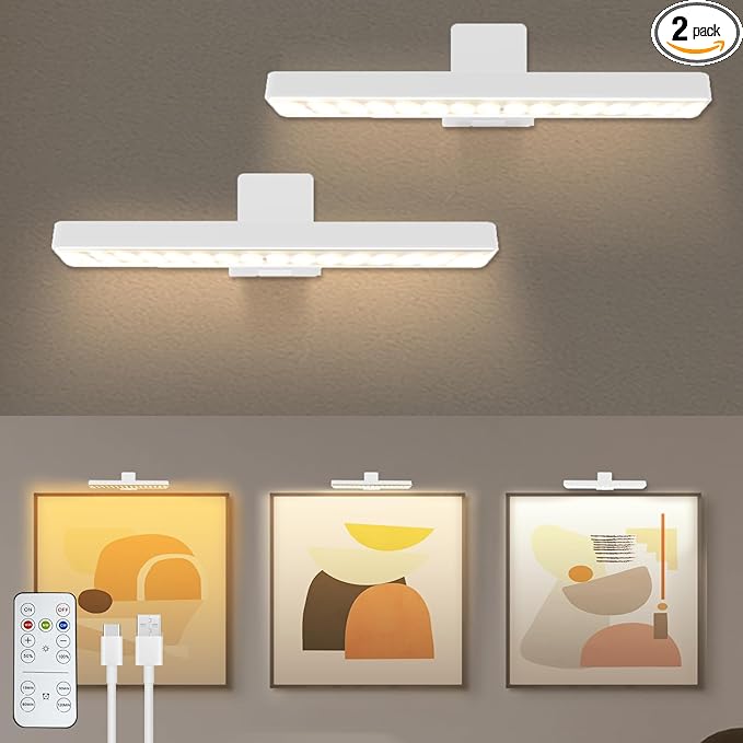 2Pack Picture Lights for Wall, 4500mAh Rechargeable Battery Painting Lights with 3 Color Temps,Remote Dimmable Timer Poster Light,Wall Decor Light for Art Display,Frame