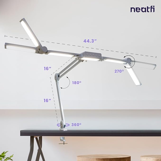 (New Model) Neatfi 3,000 Lumens LED Desk Lamp, Dimmable Light with 360 SMD LEDs, 30W, CRI 95, Adjustable Color Temperature, Task Lamp for Home, Office, and Workbench (CCT with Clamp, White, 44 Inches)