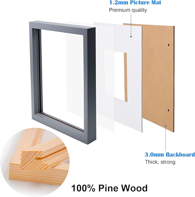 Egofine 11x11 Grey Picture Frames 4 Pack Display Pictures 4x4/8x8 with Mat or 11x11 Without Mat Made of Solid Wood for Table Top Display and Wall Mounting Photo Frame, Dark Grey