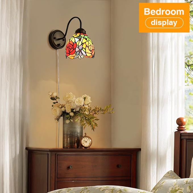 Tiffany Bedside Wall Mount Lamp with Dimmable Switch, Industrial Vintage Gooseneck Wall Sconce with Plug in Cord, Rose Stained Glass Shade Wall Light Perfect for Bedroom, Living Room and Hotel