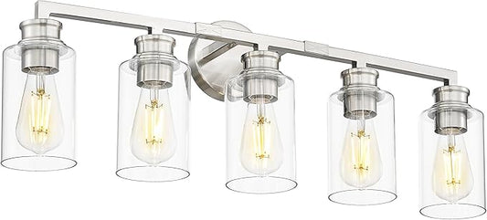 Emliviar 5-Light Brushed Nickel Vanity Light for Bathroom, Modern Vanity Sconce Over Mirror with Clear Glass Shade, YCE253B-5W BN