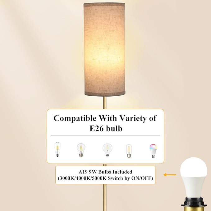 Boostarea Floor Lamp for Living Room with 3 Color Temperatures Bulb, Industrial Floor Lamps, Gold Classic Tall Lamp for Office, Standing Lamps for Bedroom, Kids Room, Reading(9W LED Bulb, Linen Shade)
