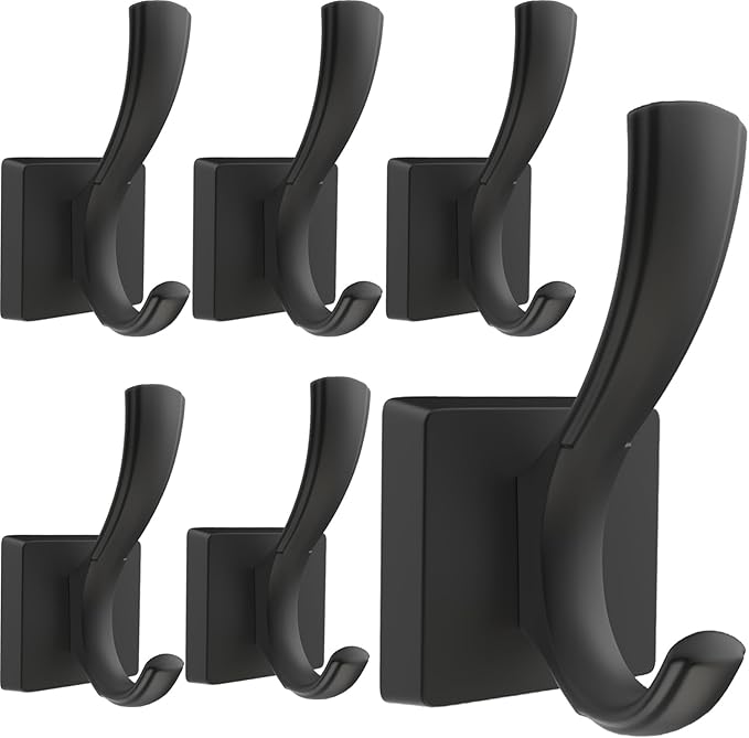 Black Towel Hooks Coat Hooks for Wall, Hand Towel Holder Robe Hook for Bathroom, Entryway Hat Hooks for Hanging Coat Towels Keys Hats (6 Pack)