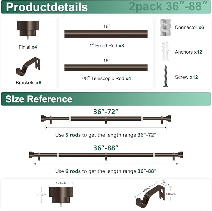 HEI! DEAR 2Pack Bronze Curtain Rods 48 to 84 Inch(4-7FT),1 Inch Heavy Duty Curtain Rods,Adjustable Curtain Rod Set,Modern Decorative Drapery Rods,Telescoping Window Curtains Rods 36-88",Antique Bronze