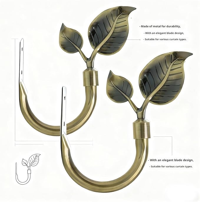 Rbeusau Leaf Shaped Heavy Duty Curtain Holdbacks 2pcs, Traditional Style Antique Brass Handmade Metal Curtain Tiebacks for Wall, Curtain Tie Hook Pull Backs for Drapes Window Home Decoration