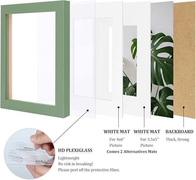 Egofine 5x7 Picture Frame 4PCS Made of Solid Wood, Display Pictures 3.5x5/4x6 with Mat or 5x7 Without Mat Covered by Plexiglass for Table Top Display and Wall Mounting Photo Frame, Green
