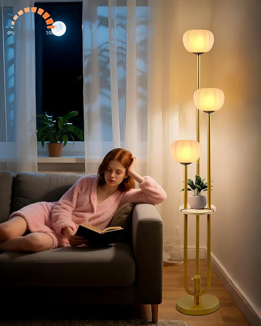 Lightdot Gold Floor Lamp with Table, Modern Dimmable Floor Lamps with Pumpkin Lampshade, 3000K Soft Warm White Bulbs Included, 3-Light Tall Standing Lamp for Living Room/Bedroom