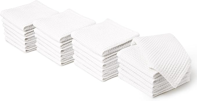 Encasa XO' Waffle Weave Face & Hand Towels – 12"x12", White Washcloths Set of 24 – Quick Drying for Bathroom, Gym, Kitchen & Travel – Small Reusable Dish Cloths & Face Wipes for Everyday Use