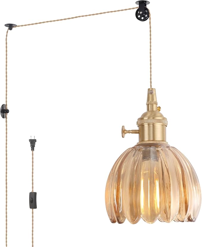 Mini Plug in Pendant Light Hanging Light Fixture Corded On/Off Switch Brass Pendant Light with Amber Tulip Glass Lampshade for Bedroom Living Room Kitchen Island