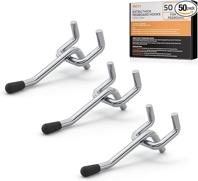 INCLY 50 Pack 2 Inch Pegboard Hooks, 1/4" Heavy Duty Peg Board Hooks Accessories with Rubber Tipped, Peg Board Tool Hangers Fit 1/4" Pegboard for Hanging Tools Garage, Craft Room, Kitchen, Store