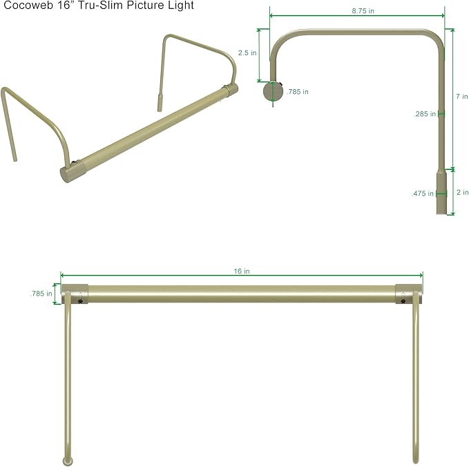 Cocoweb 16 Inch Tru-Slim Antique Brass Picture Light - LED, 2700K, Adjustable Arm, Plug-in, Toggle Switch, Sleek and Compact Design