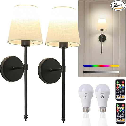 Wall Lights Battery Operated Wall Sconces Set of 2, Rechargeable Wall Sconce with Dimmable Bulbs and Remote, Black Wireless Wall Lamps Battery Powered with Fabric Shade