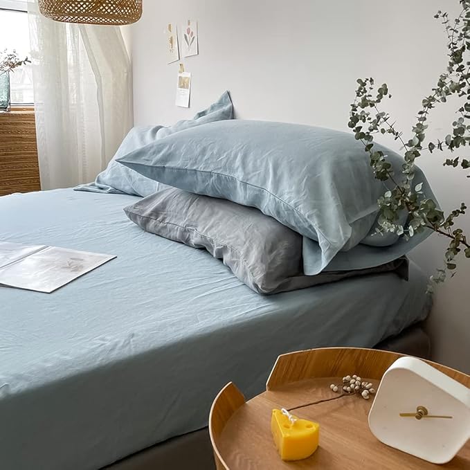 Simple&Opulence 100% Linen Pillowcases Basic Style Solid Color Set of 2, Queen Size Stone Washed Flax Pillow Cover Envelope Closure (20''x30'', Dusty Blue)