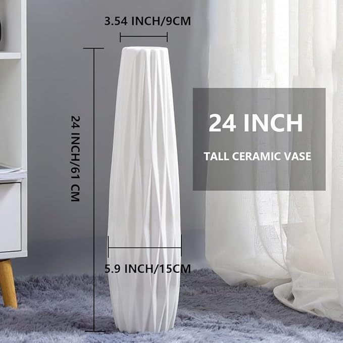 White Tall Floor Vase, 24" Ceramic Large Vase, Decorative Flower Vases for Modern Home Decor Living Room Office Bedroom Kitchen Wedding Centerpieces Farmhouse Décor