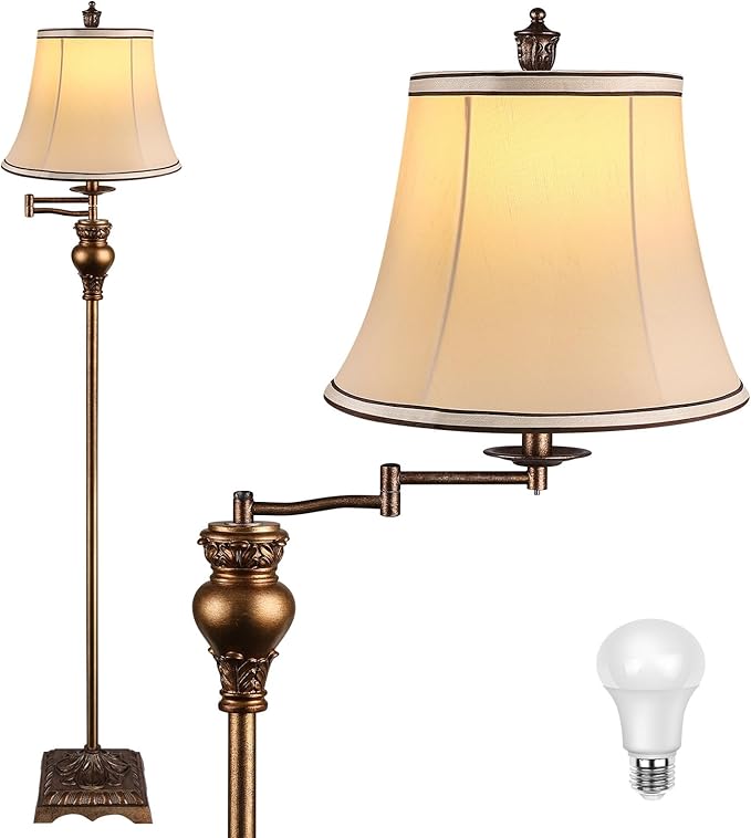 PARTPHONER Vintage Floor Lamps for Living Room,Traditional 350° Adjustable Swing Arm Farmhouse Floor Lamp for Bedroom, Rustic Standing Lamp Pole Lamps for Reading, Home Décor and Office,Bronze Gold