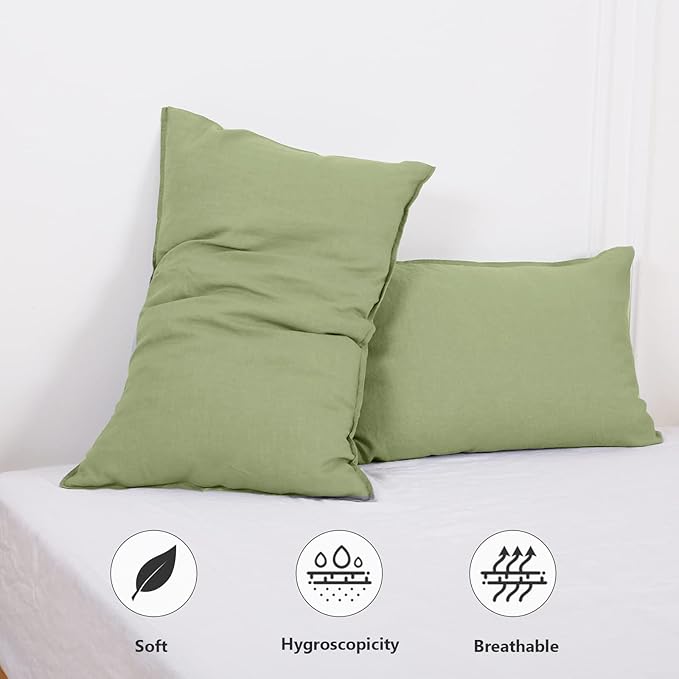 Simple&Opulence 100% Linen Pillowcases Basic Style Solid Color Set of 2, King Size Stone Washed Flax Pillow Cover Envelope Closure (20''x40'', Sage Green)