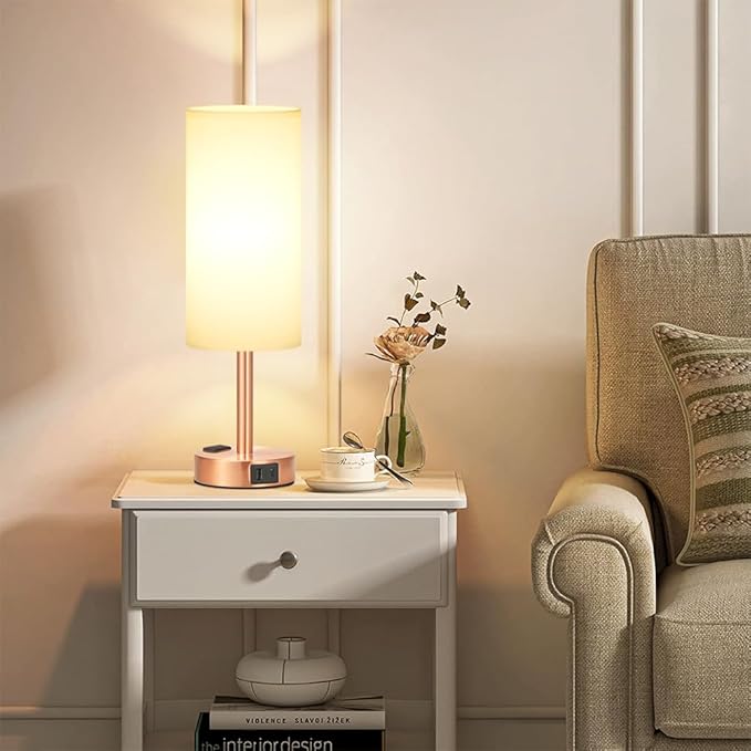 Bronze Nightstand Bedroom Lamp - 3 Way Dimmable Bedside Lamp USB C A Charging Ports and AC Outlet, Small Table Lamp White Linen Lampshade for Desk, LED Bulb Included