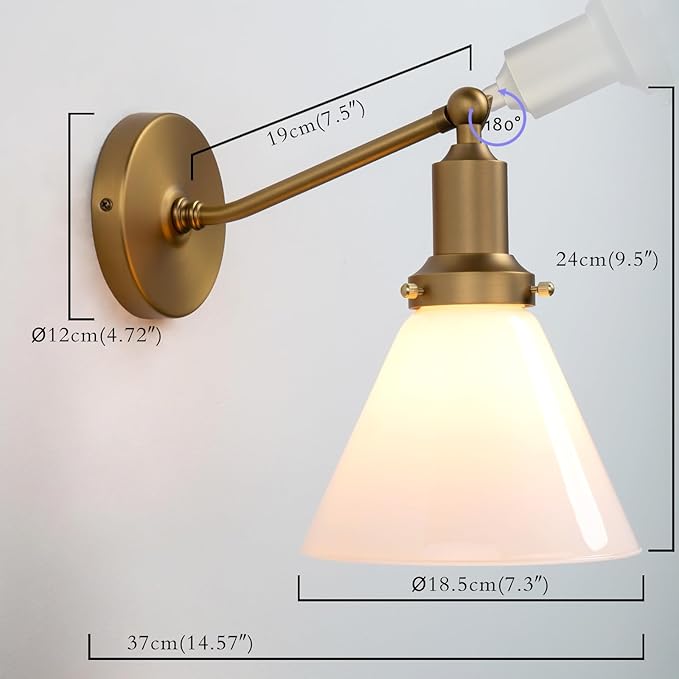 PERMO Industrial Vintage Slope Pole Wall Mount Single Sconce with Funnel Flared Milk White Glass Shade Wall Sconce Light Lamp Fixture