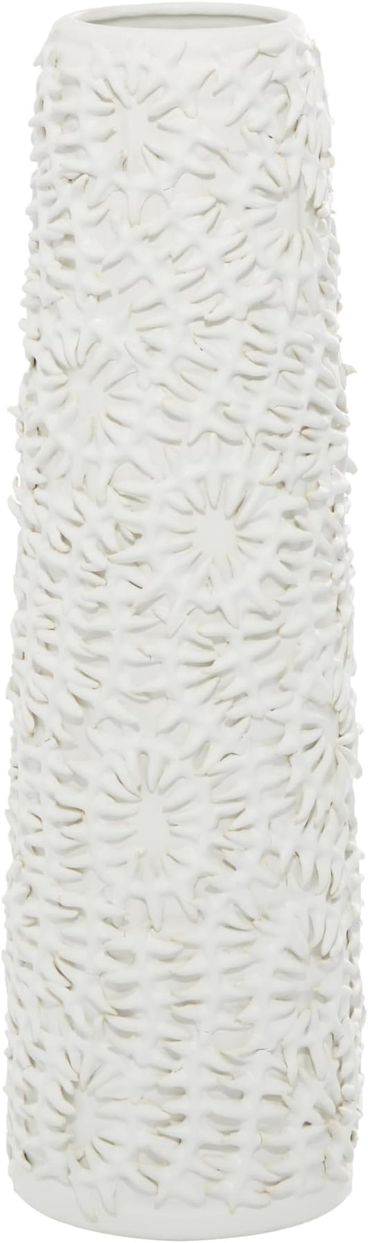 Deco 79 Ceramic Floral Embossed Vase, 6" x 6" x 21", White