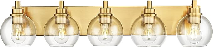 Bathroom Light Fixtures, 5 Light Brushed Gold Vanity Light, 32 Inch Modern Wall Sconces with Globe Clear Glass Shade, Vanity Lighting Fixtures Over Mirror, VL195-BG-CL-5