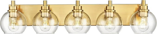 Bathroom Light Fixtures, 5 Light Brushed Gold Vanity Light, 32 Inch Modern Wall Sconces with Globe Clear Glass Shade, Vanity Lighting Fixtures Over Mirror, VL195-BG-CL-5