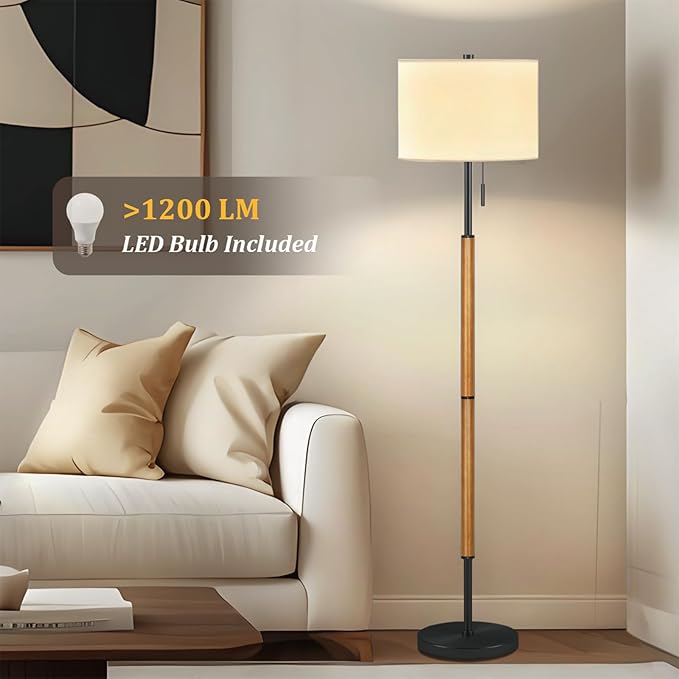 62" Brown Balck Floor Lamp for Living Room, 1200LM 3-Way Dimmable Wood Mid Century Floor Lamp for Bedroom Office, Wood Tall Lamp Linen Lampshade, LED Bulb Included
