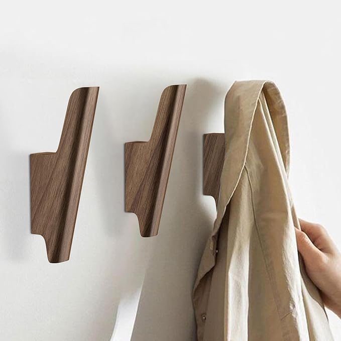 Wooden Wall Hooks 4 Pack Coat Hooks Mounted Walnut Wooden Hooks for Wall Hanging Hat, Towel, Bag, Backpack, Decorative Wood Heavy Duty Hook for Entryway and Bathroom (Walnut, Light)