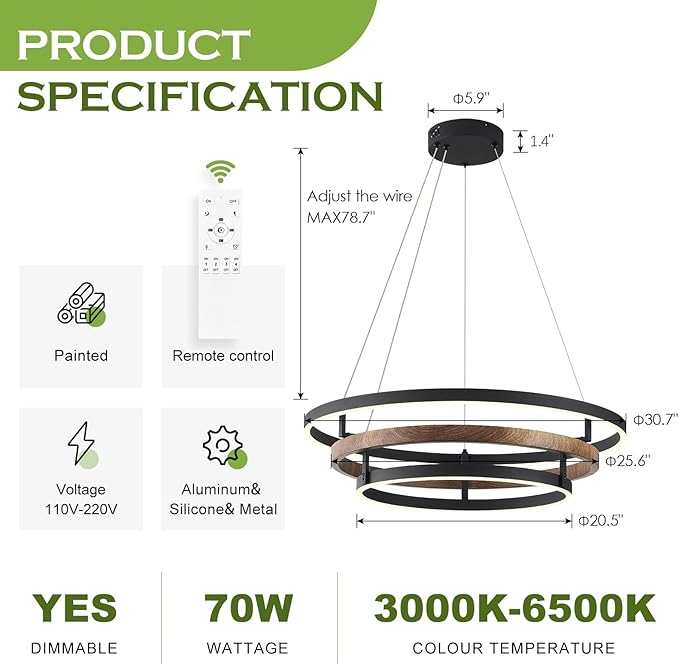 3 Rings Modern LED Chandelier Black Dimmable Circular Pendant Light for Dining Room, Foyer Chandelier with Remote Control Flush Mount High Ceiling Light for Kitchen Living Room, D30.7In