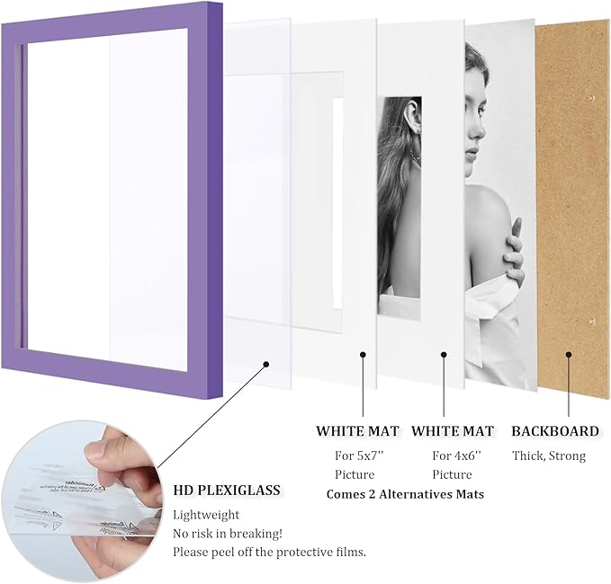 Egofine 8x10 Picture Frames 4PCS, Made of Solid Wood Display 4x6 and 5x7 with Mat Covered by Plexiglass, for Table Top Display and Wall Mounting Photo frame, Purple