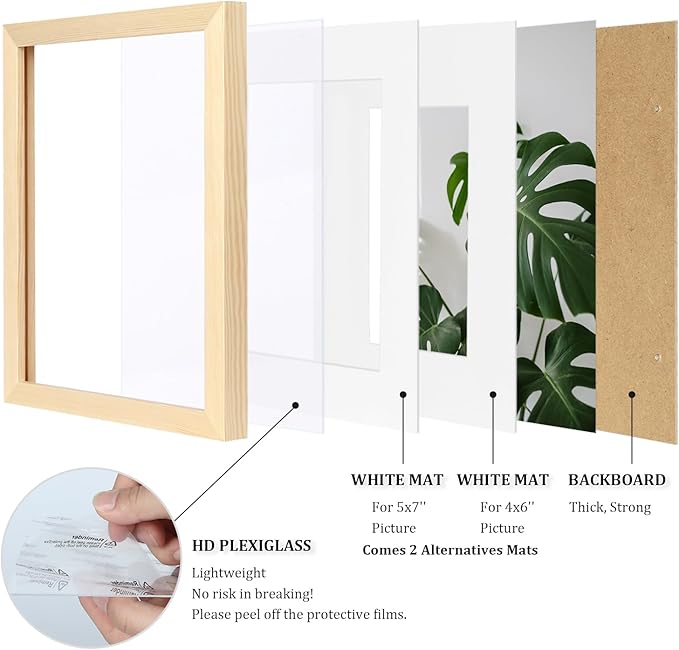 Egofine 8x10 Picture Frames Natural Wood Frames with Plexiglass, Display Pictures 4x6/5x7 with Mat or 8x10 Without Mat Set of 4 for Tabletop and Wall Mounting