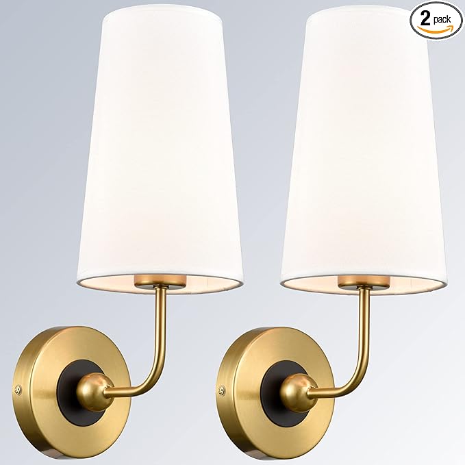 DAYCENT Mid Cnetury Gold Wall Sconces Set of Two 1-Light Modern Fabric Shade Wall Lamp Hardwired Brass Sconces Wall Lighting for Bathroom Bedroom Hallway Living Room