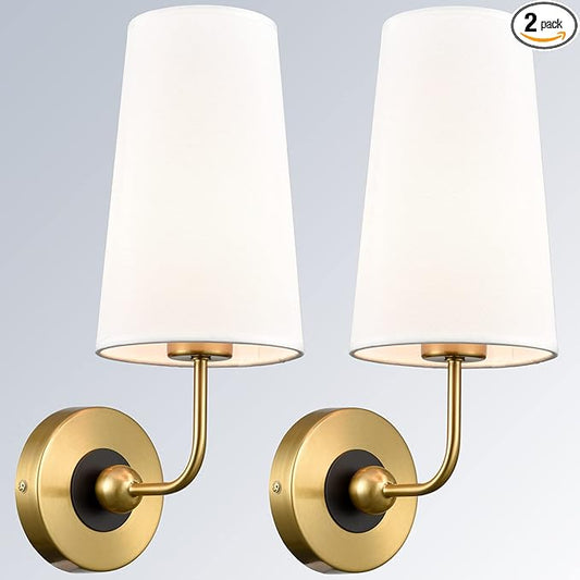 DAYCENT Mid Cnetury Gold Wall Sconces Set of Two 1-Light Modern Fabric Shade Wall Lamp Hardwired Brass Sconces Wall Lighting for Bathroom Bedroom Hallway Living Room
