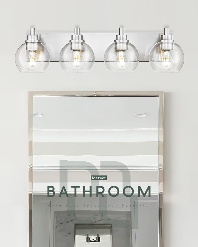 Bathroom Light Fixtures, 4 Light Brushed Nickel Vanity Light, 26 Inch Modern Wall Sconces with Globe Clear Glass Shade, Vanity Lighting Fixtures Over Mirror, VL195-BN-CL-4