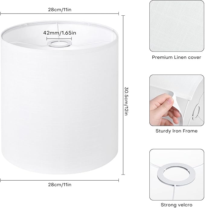 White Linen Tall Drum Lampshade, 11" Top x 11" Bottom x 12" High Lamp Shade, Lamp Shade Replacement for Table and Floor Lamps, Pendant Light，Handcrafted Lampshade，Easy Assembly