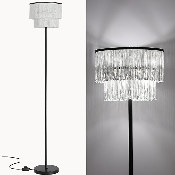 2 Light Black Boho Floor Lamp with 2-Tier Tassels/Fringe Lampshade,66" Tall Mid Century Standing Bedroom Lamp,Soft Lighting Nursery Floor Lamp for Bedroom Livingroom