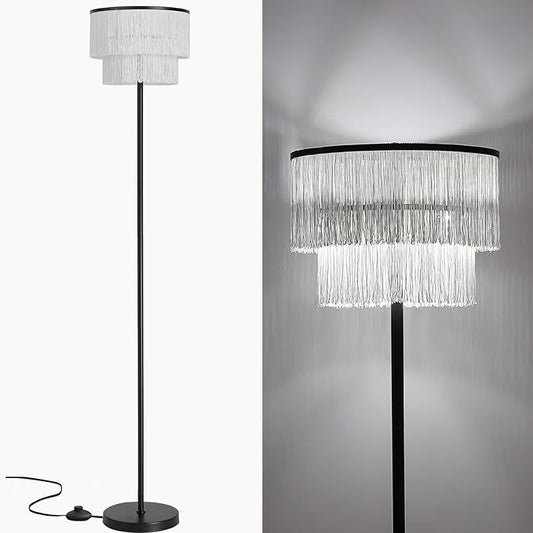 2 Light Black Boho Floor Lamp with 2-Tier Tassels/Fringe Lampshade,66" Tall Mid Century Standing Bedroom Lamp,Soft Lighting Nursery Floor Lamp for Bedroom Livingroom