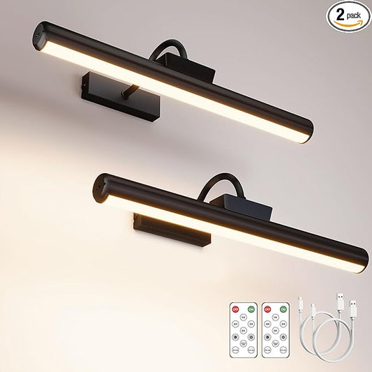 16in Wireless Picture Light with Remote, Battery Operated Picture Lights for Wall 5000mAh, 3 Color Modes and Dimmable LED Art Lighting with Timer for Painting, Frame, Gallery, Bedroom (Black-2Pack)