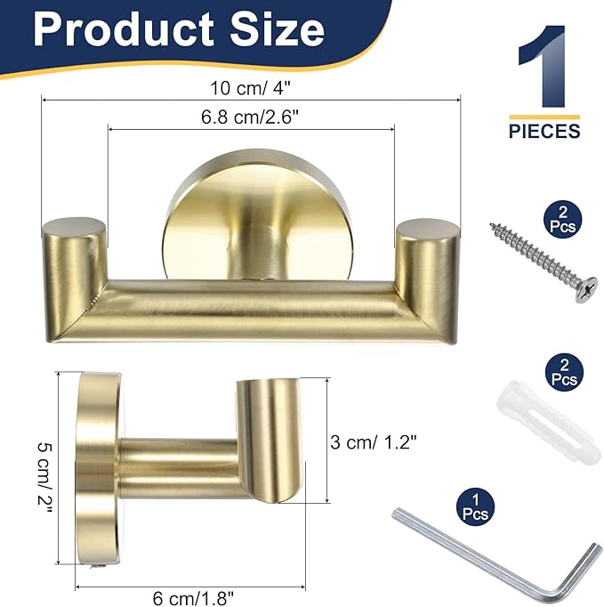 uxcell Double Towel Hook, Stainless Steel Coat Hook, Wall Mount Robe Hooks Hand Towel Hanger for Bathroom Kitchen Living Room, Brushed Gold
