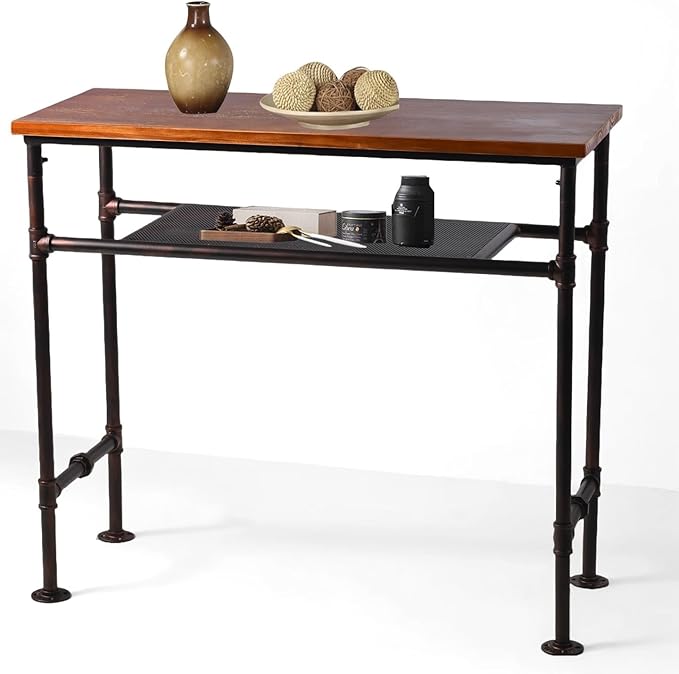 Industrial Rectangle Bar Table for 4-5 People 41.3inch Height Rustic Pipe Design Dining Table Office Meeting Computer Desk Narrow Display Stand in Hallway with 2 Tier Storage