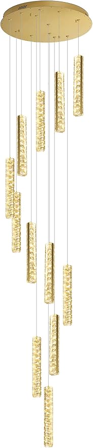IDEQU Modern LED 120inch Long Spiral Staircase Crystal Chandelier High Ceiling Chandelier Lighting for Foyer Hallway 12-Light Gold Dimmable 2700K-6000K